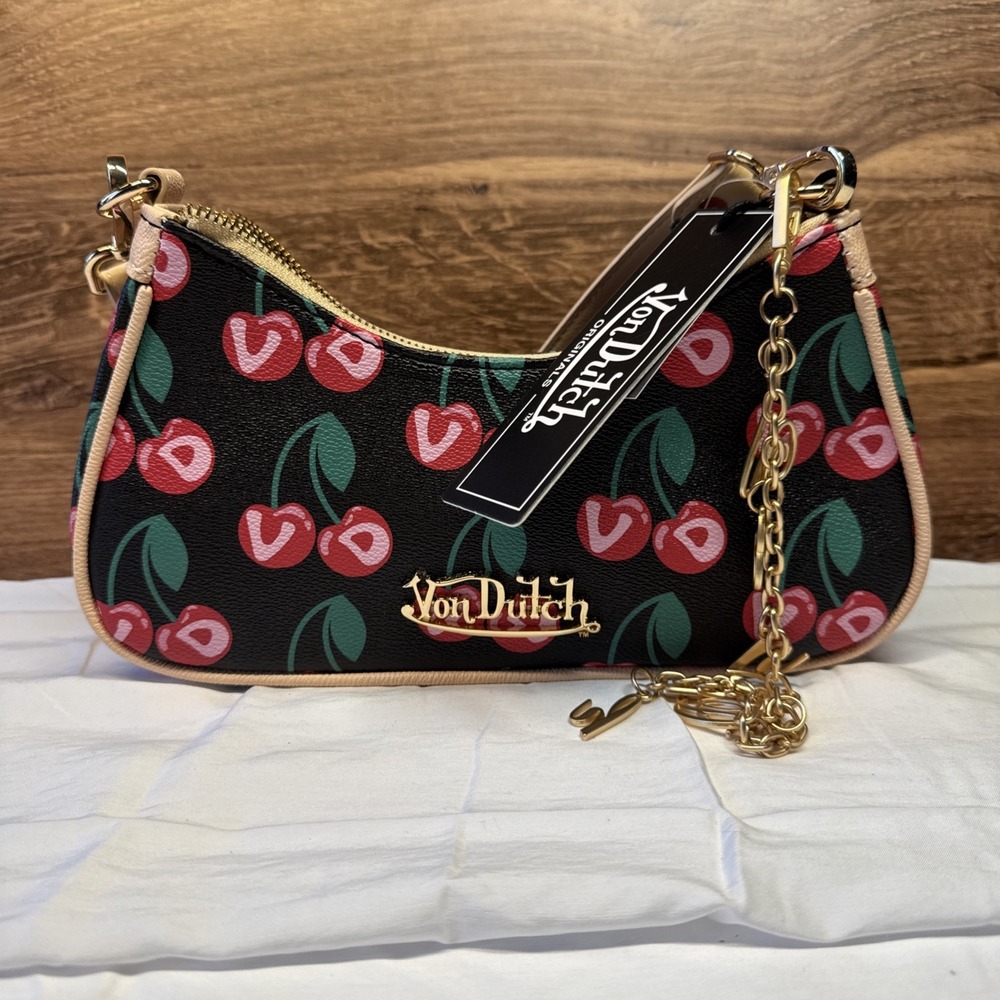 Von Dutch Cherry Print Mini Shoulder Bag Black Bold Cherry Print Gold Charms